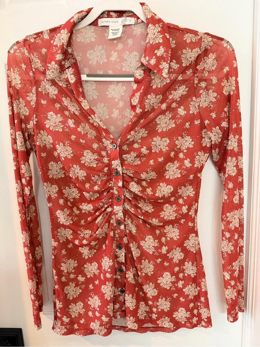 Altar’d State Red Floral Mesh Ruched Button Front Top - Picture 2 of 7